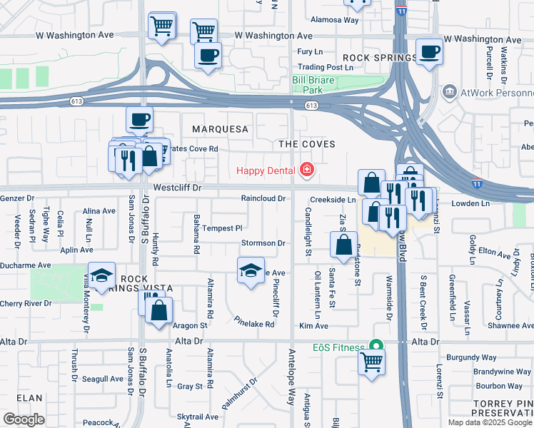 map of restaurants, bars, coffee shops, grocery stores, and more near 113 Thunder Street in Las Vegas
