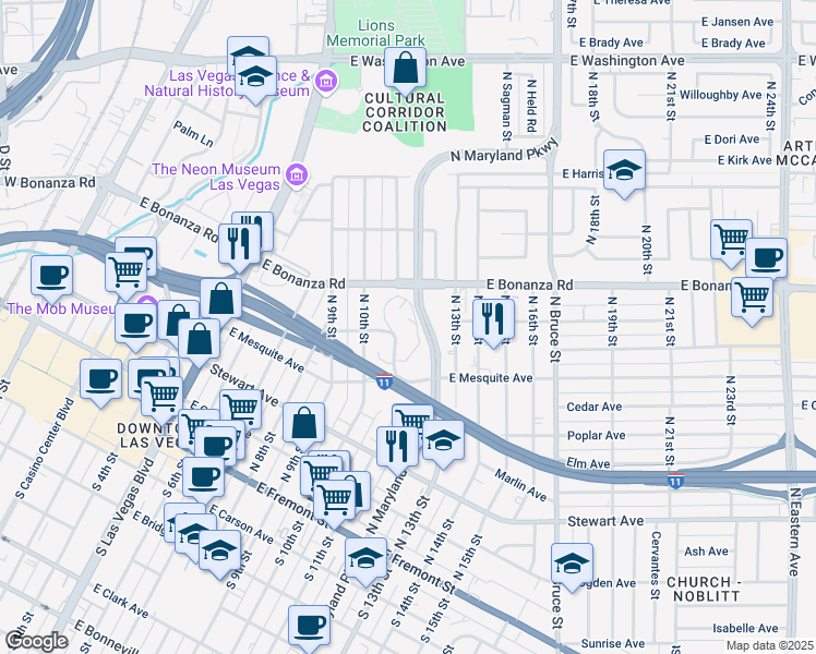 map of restaurants, bars, coffee shops, grocery stores, and more near 505 North 12th Street in Las Vegas