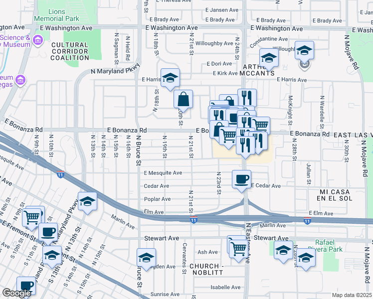 map of restaurants, bars, coffee shops, grocery stores, and more near 2016 Linden Avenue in Las Vegas