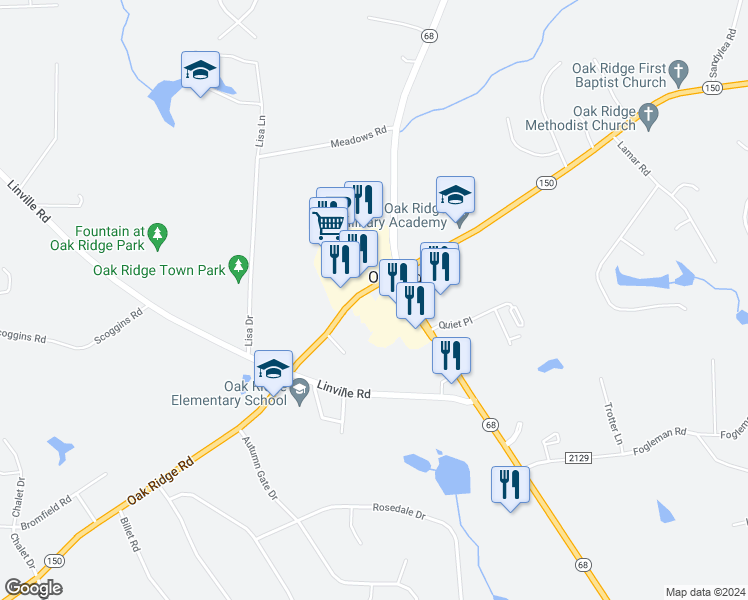 map of restaurants, bars, coffee shops, grocery stores, and more near 8004 Marketplace Drive in Oak Ridge