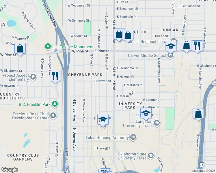 map of restaurants, bars, coffee shops, grocery stores, and more near 1227 North Boston Place in Tulsa