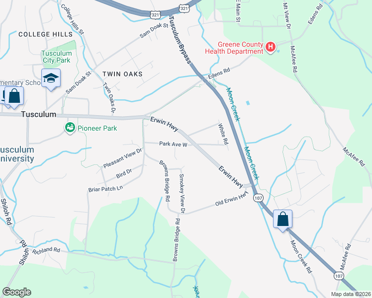 map of restaurants, bars, coffee shops, grocery stores, and more near 35 Park Avenue East in Greeneville