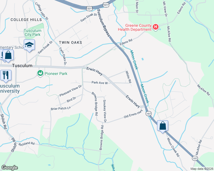 map of restaurants, bars, coffee shops, grocery stores, and more near 35 Park Avenue East in Greeneville