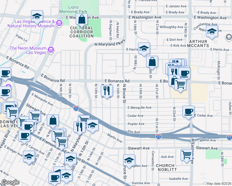 map of restaurants, bars, coffee shops, grocery stores, and more near 430 North 15th Street in Las Vegas