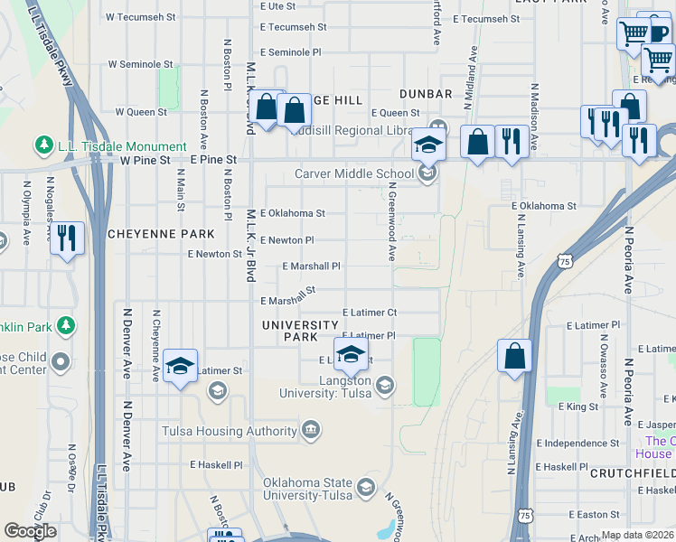 map of restaurants, bars, coffee shops, grocery stores, and more near 444 East Marshall Place in Tulsa