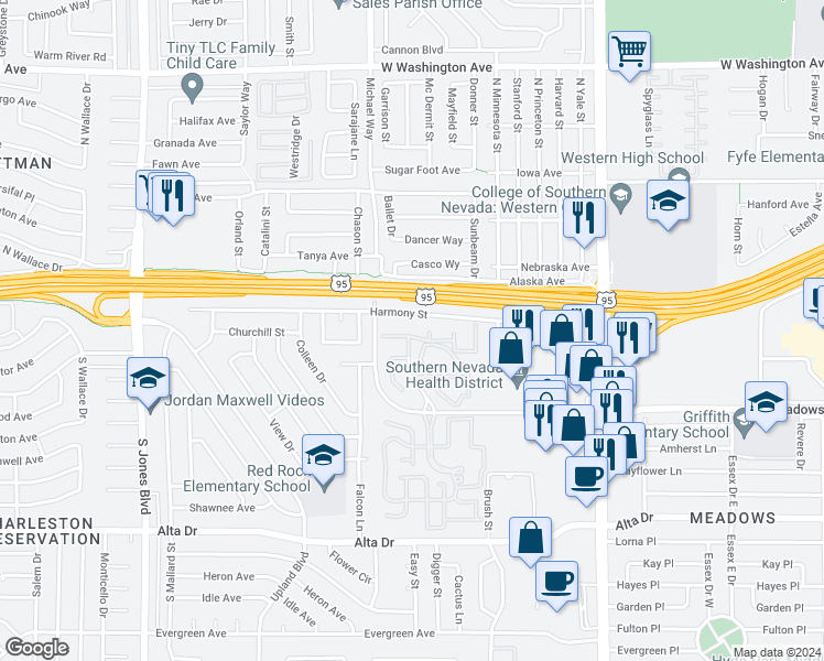 map of restaurants, bars, coffee shops, grocery stores, and more near 5316 Desert Blossom Road in Las Vegas