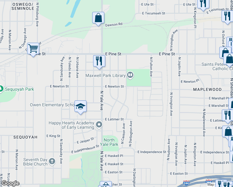 map of restaurants, bars, coffee shops, grocery stores, and more near 1242 North Braden Avenue in Tulsa