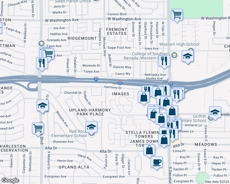 map of restaurants, bars, coffee shops, grocery stores, and more near 5320 Desert Blossom Road in Las Vegas