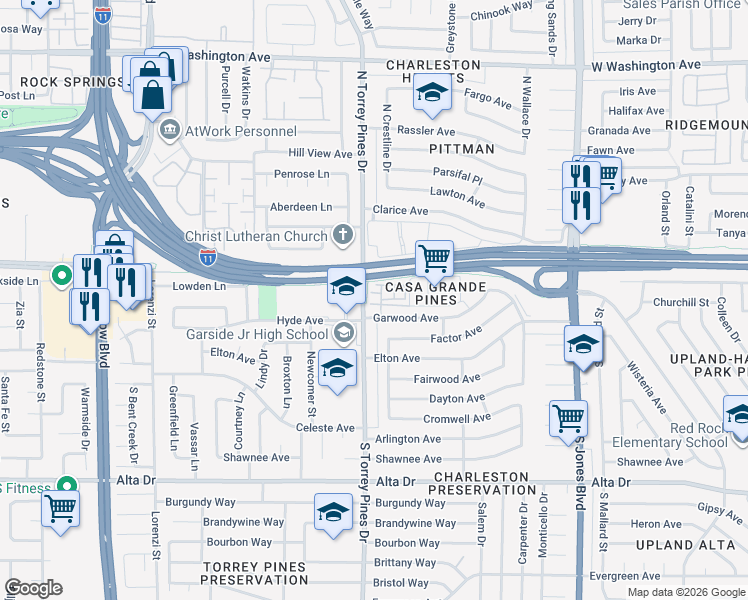 map of restaurants, bars, coffee shops, grocery stores, and more near 100 South Crestline Drive in Las Vegas
