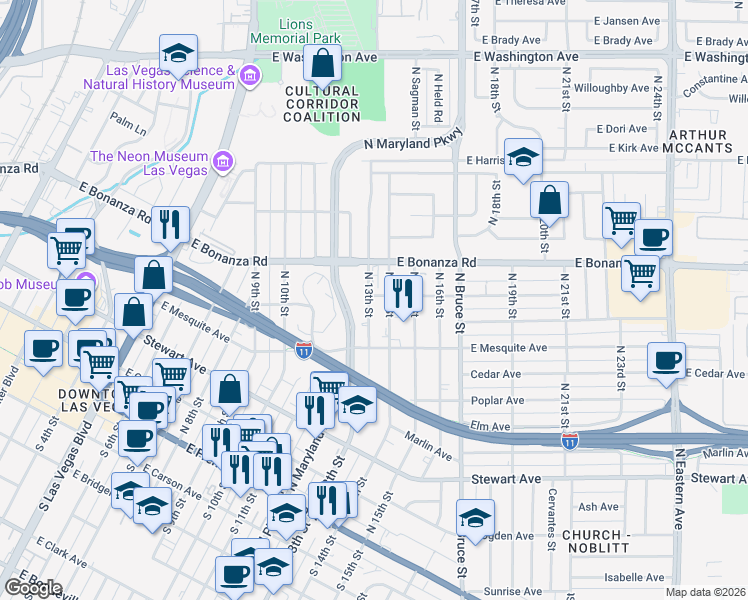 map of restaurants, bars, coffee shops, grocery stores, and more near 444 North 13th Street in Las Vegas