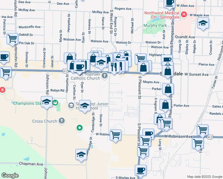 map of restaurants, bars, coffee shops, grocery stores, and more near 1510 Kirsten Drive in Springdale