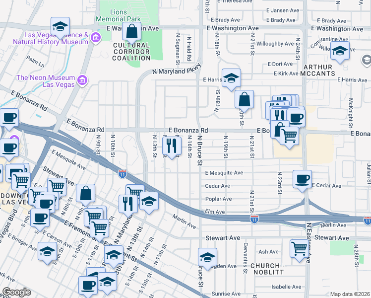 map of restaurants, bars, coffee shops, grocery stores, and more near 430 North 15th Street in Las Vegas