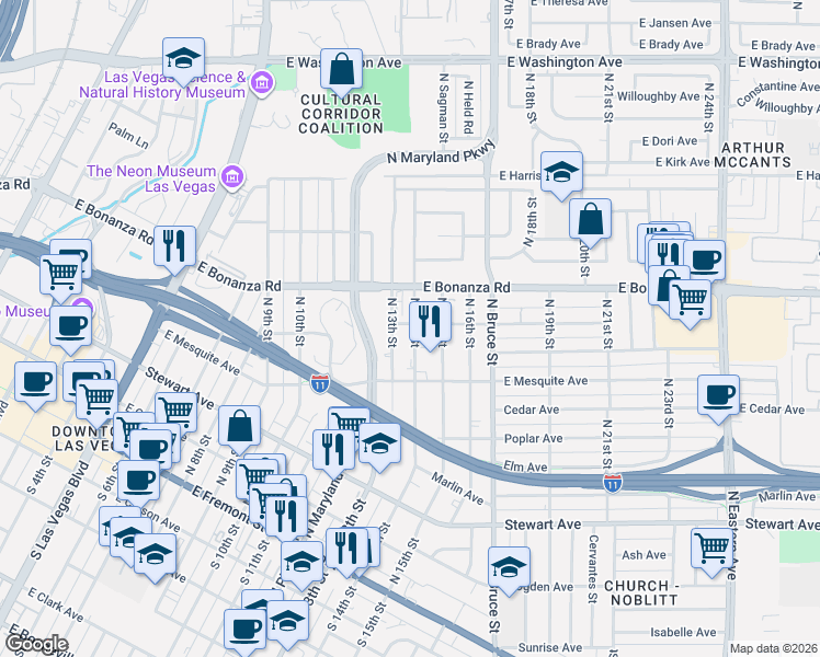 map of restaurants, bars, coffee shops, grocery stores, and more near 436 North 14th Street in Las Vegas