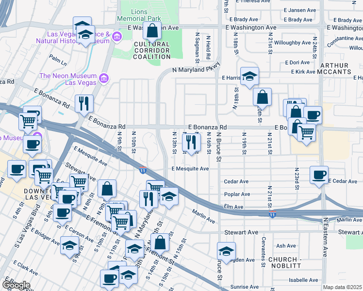 map of restaurants, bars, coffee shops, grocery stores, and more near 436 North 14th Street in Las Vegas