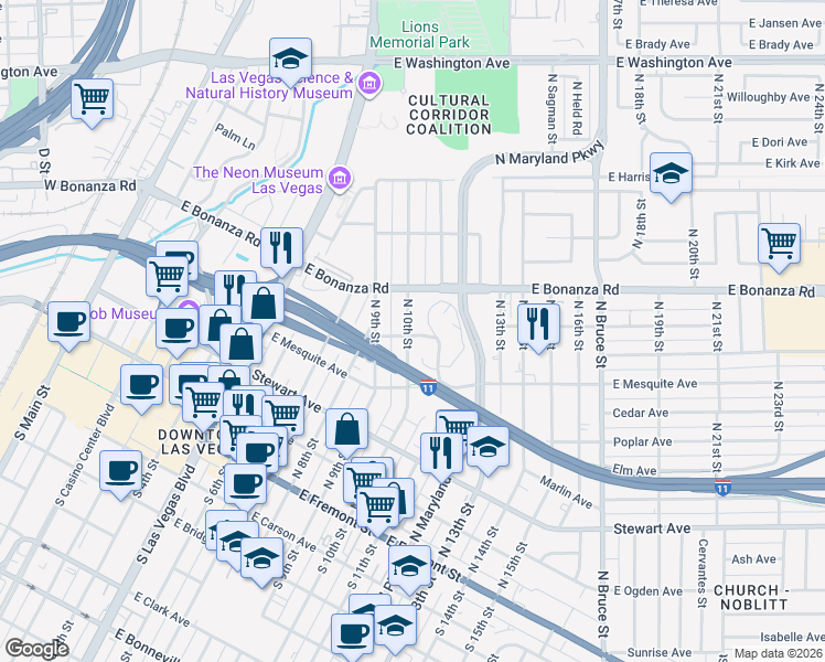 map of restaurants, bars, coffee shops, grocery stores, and more near 1001 Linden Avenue in Las Vegas