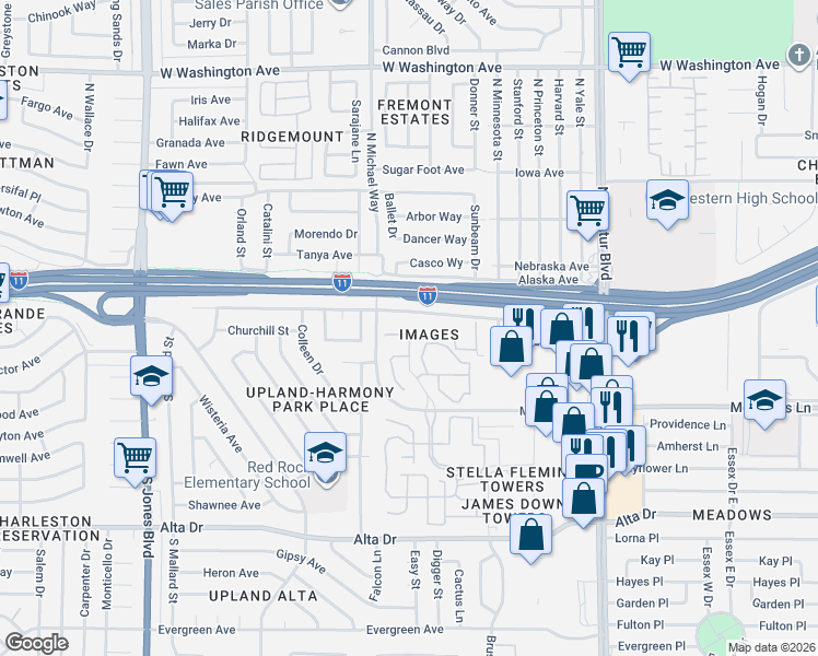 map of restaurants, bars, coffee shops, grocery stores, and more near 5316 Desert Blossom Road in Las Vegas