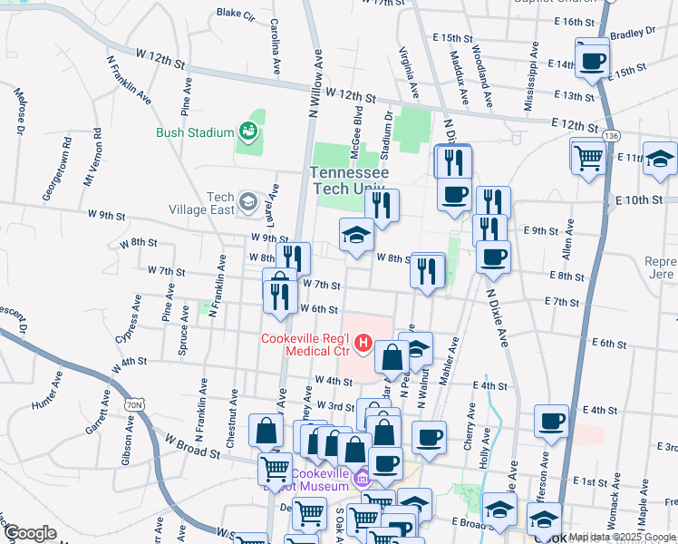 map of restaurants, bars, coffee shops, grocery stores, and more near Armstrong Avenue in Cookeville