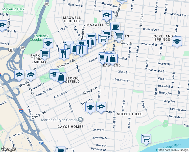 map of restaurants, bars, coffee shops, grocery stores, and more near 911 Boscobel Street in Nashville