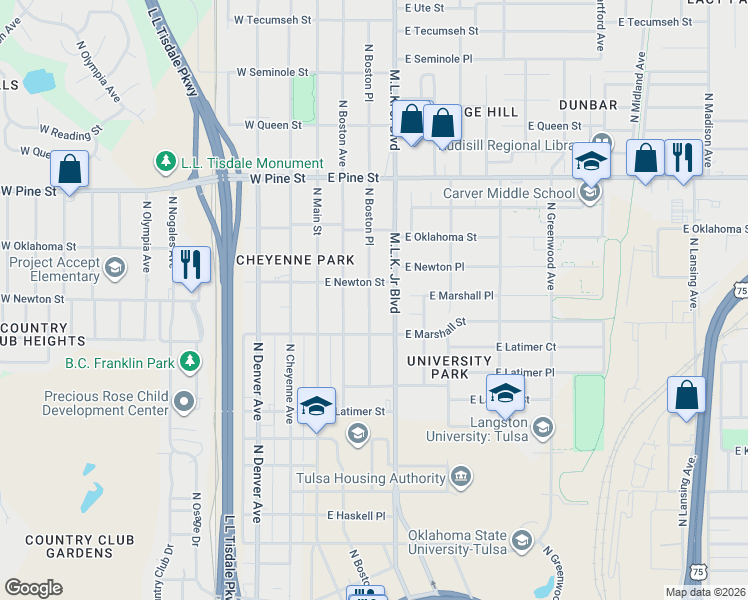 map of restaurants, bars, coffee shops, grocery stores, and more near 1227 North Boston Place in Tulsa
