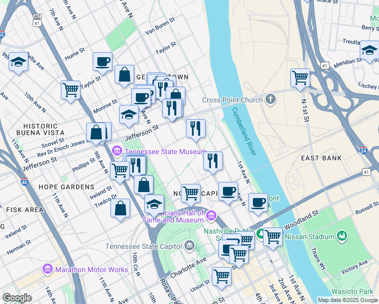 map of restaurants, bars, coffee shops, grocery stores, and more near 916 4th Avenue North in Nashville