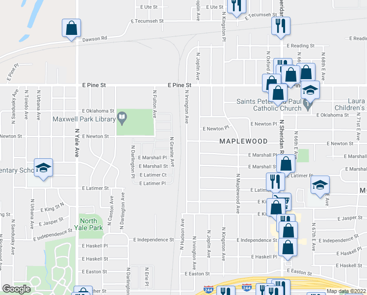 map of restaurants, bars, coffee shops, grocery stores, and more near 1072 North Irvington Avenue in Tulsa