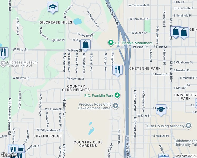 map of restaurants, bars, coffee shops, grocery stores, and more near 1205 West Newton Street in Tulsa