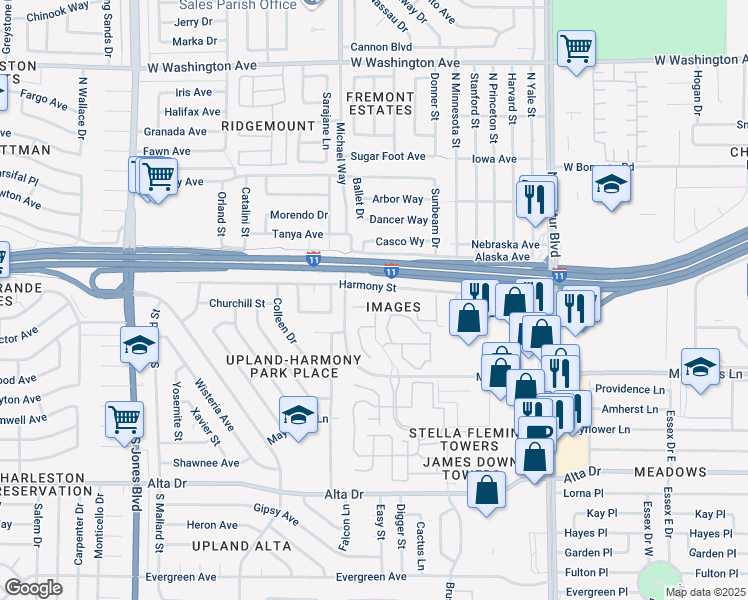 map of restaurants, bars, coffee shops, grocery stores, and more near 5320 Desert Blossom Road in Las Vegas