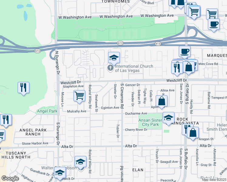 map of restaurants, bars, coffee shops, grocery stores, and more near 120 Steeler Drive in Las Vegas