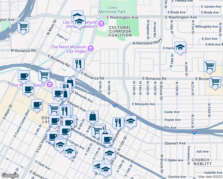 map of restaurants, bars, coffee shops, grocery stores, and more near 1001 Linden Avenue in Las Vegas