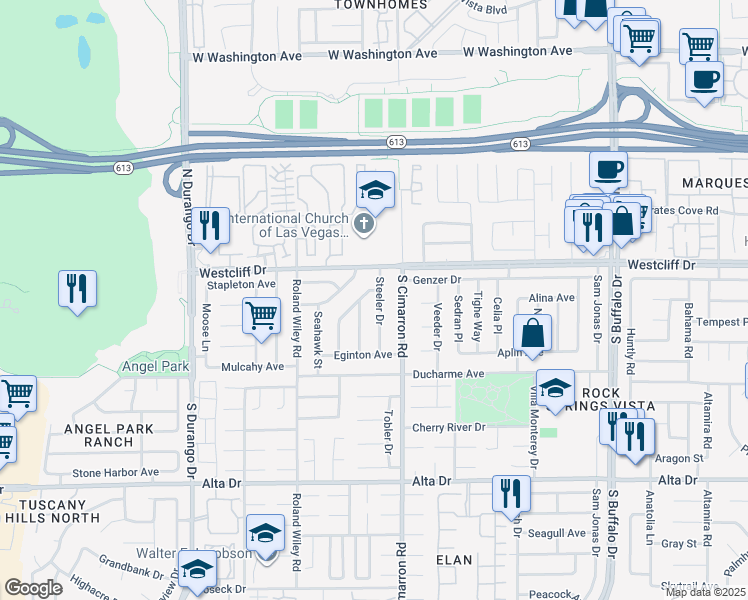 map of restaurants, bars, coffee shops, grocery stores, and more near 120 Steeler Drive in Las Vegas