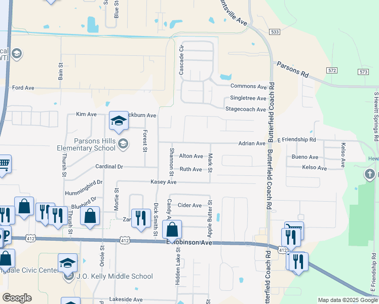 map of restaurants, bars, coffee shops, grocery stores, and more near 2714 Alton Avenue in Springdale