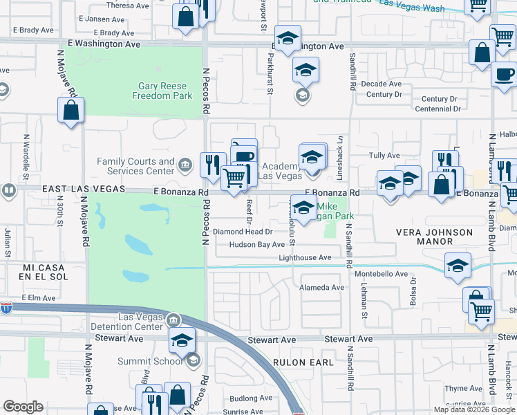 map of restaurants, bars, coffee shops, grocery stores, and more near 582 Blue Lagoon Drive in Las Vegas