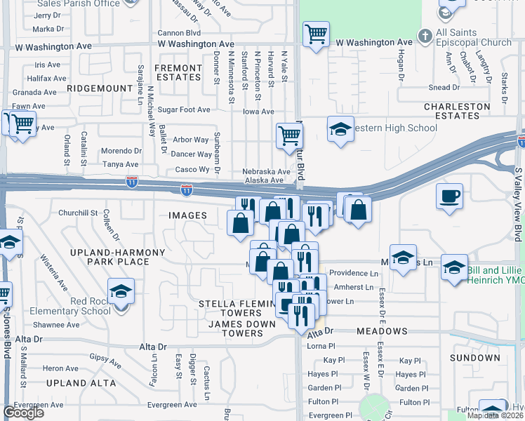 map of restaurants, bars, coffee shops, grocery stores, and more near 5005 Harmony Street in Las Vegas