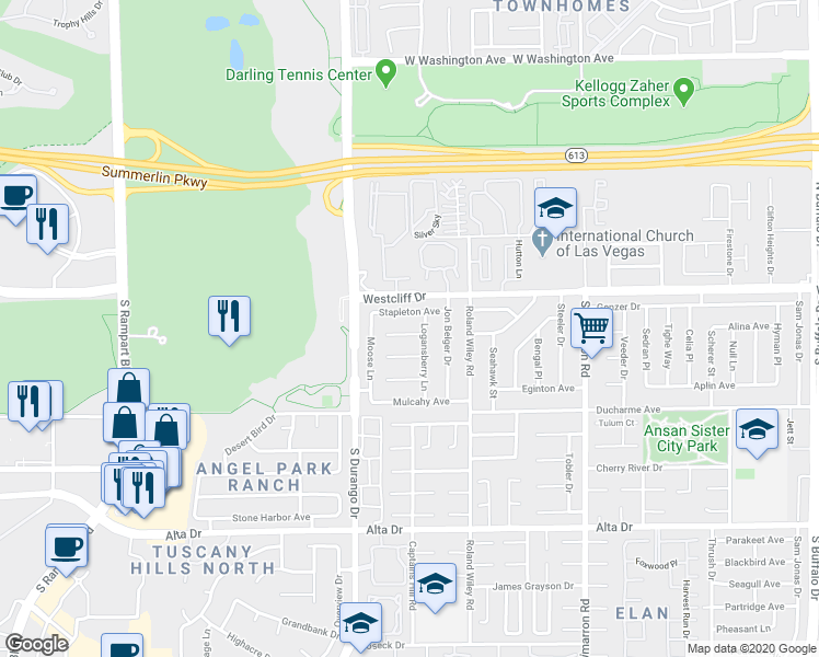 map of restaurants, bars, coffee shops, grocery stores, and more near 8412 Charles Court in Las Vegas