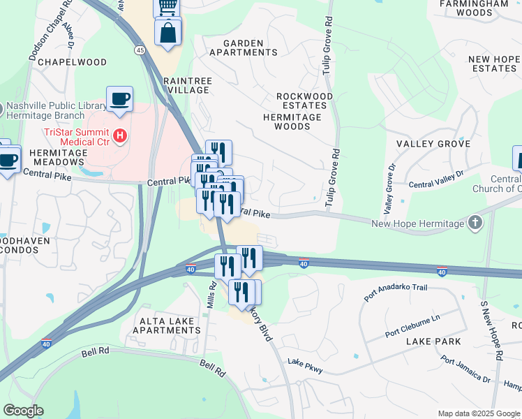 map of restaurants, bars, coffee shops, grocery stores, and more near 4031 Central Pike in Nashville