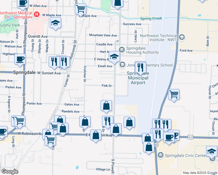 map of restaurants, bars, coffee shops, grocery stores, and more near 505 Fink Drive in Springdale