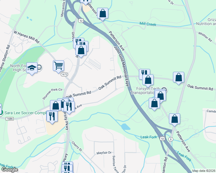 map of restaurants, bars, coffee shops, grocery stores, and more near 160 Oak Summit Rd in Winston-Salem