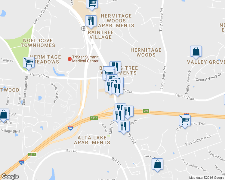 map of restaurants, bars, coffee shops, grocery stores, and more near 5765 Old Hickory Boulevard in Nashville