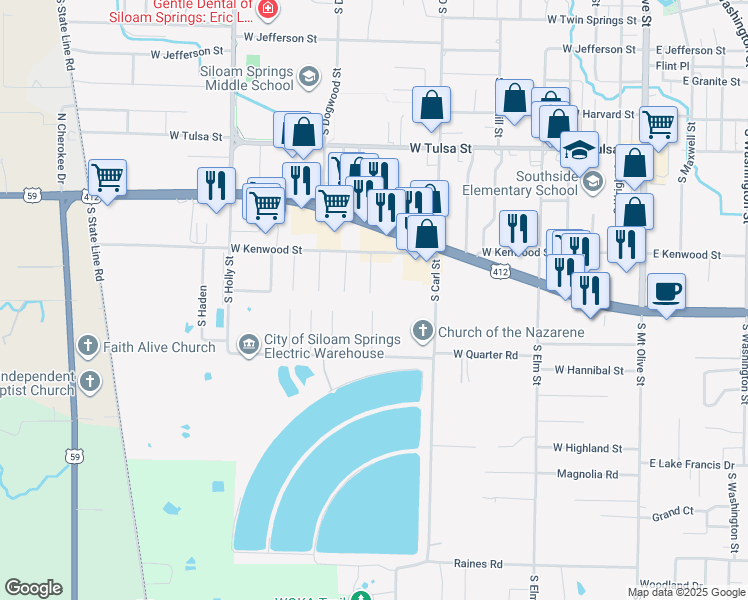 map of restaurants, bars, coffee shops, grocery stores, and more near 1209 South Prospect Street in Siloam Springs