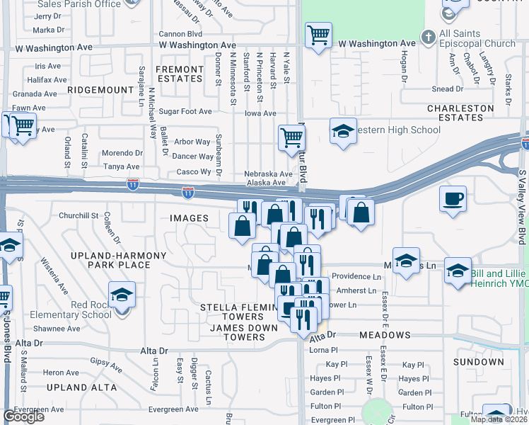 map of restaurants, bars, coffee shops, grocery stores, and more near 5005 Harmony Street in Las Vegas