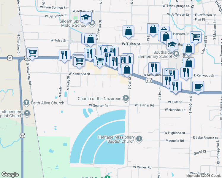 map of restaurants, bars, coffee shops, grocery stores, and more near 1209 South Prospect Street in Siloam Springs