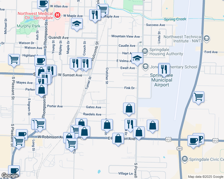 map of restaurants, bars, coffee shops, grocery stores, and more near 301 Fink Drive in Springdale