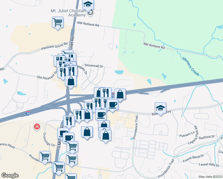 map of restaurants, bars, coffee shops, grocery stores, and more near 720 Stonegate Drive in Mt. Juliet