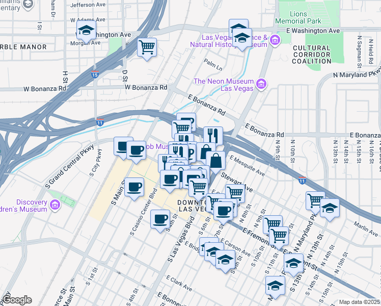 map of restaurants, bars, coffee shops, grocery stores, and more near 206 North 3rd Street in Las Vegas