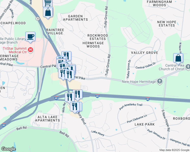 map of restaurants, bars, coffee shops, grocery stores, and more near 4035 Central Pike in Nashville
