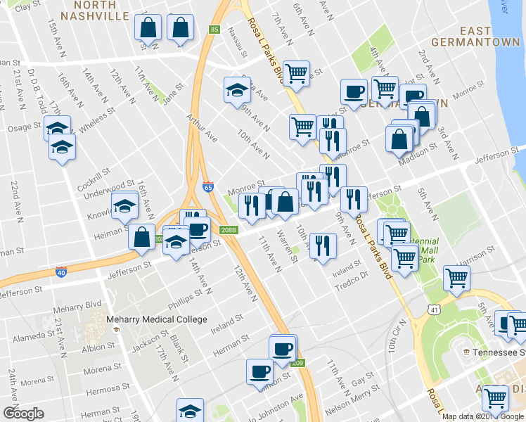 map of restaurants, bars, coffee shops, grocery stores, and more near 1024 Jefferson Street in Nashville