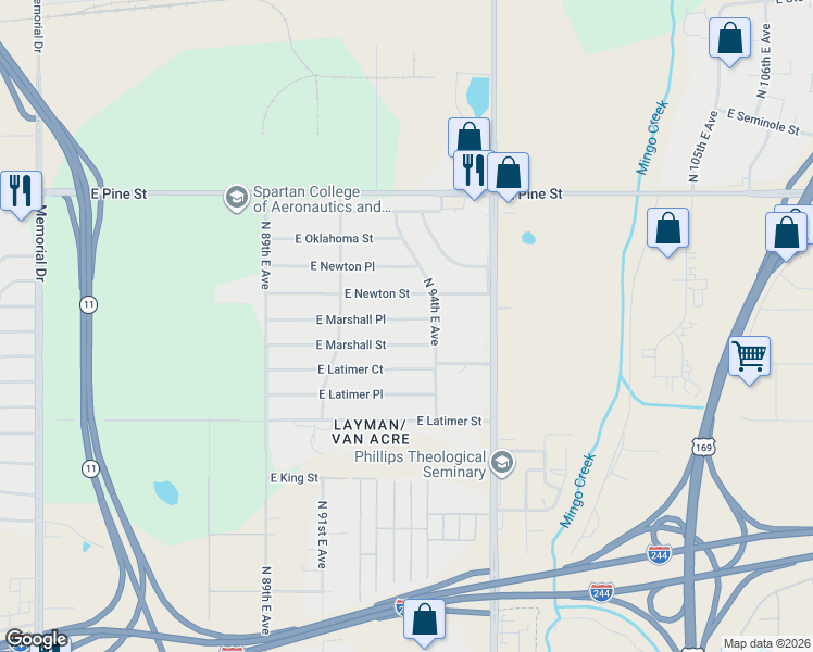 map of restaurants, bars, coffee shops, grocery stores, and more near 9155 East Marshall Street in Tulsa