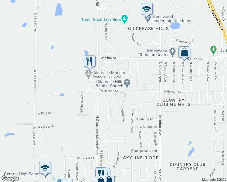 map of restaurants, bars, coffee shops, grocery stores, and more near 2322 West Newton Street in Tulsa