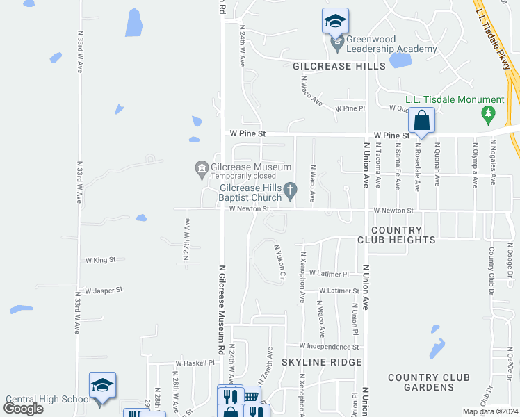 map of restaurants, bars, coffee shops, grocery stores, and more near 2334 West Newton Street in Tulsa