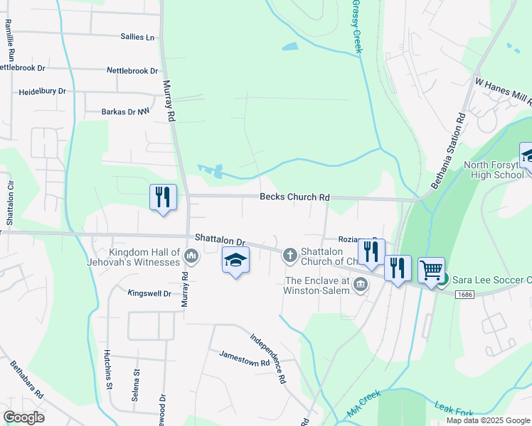 map of restaurants, bars, coffee shops, grocery stores, and more near 5472 Becks Church Road in Winston-Salem